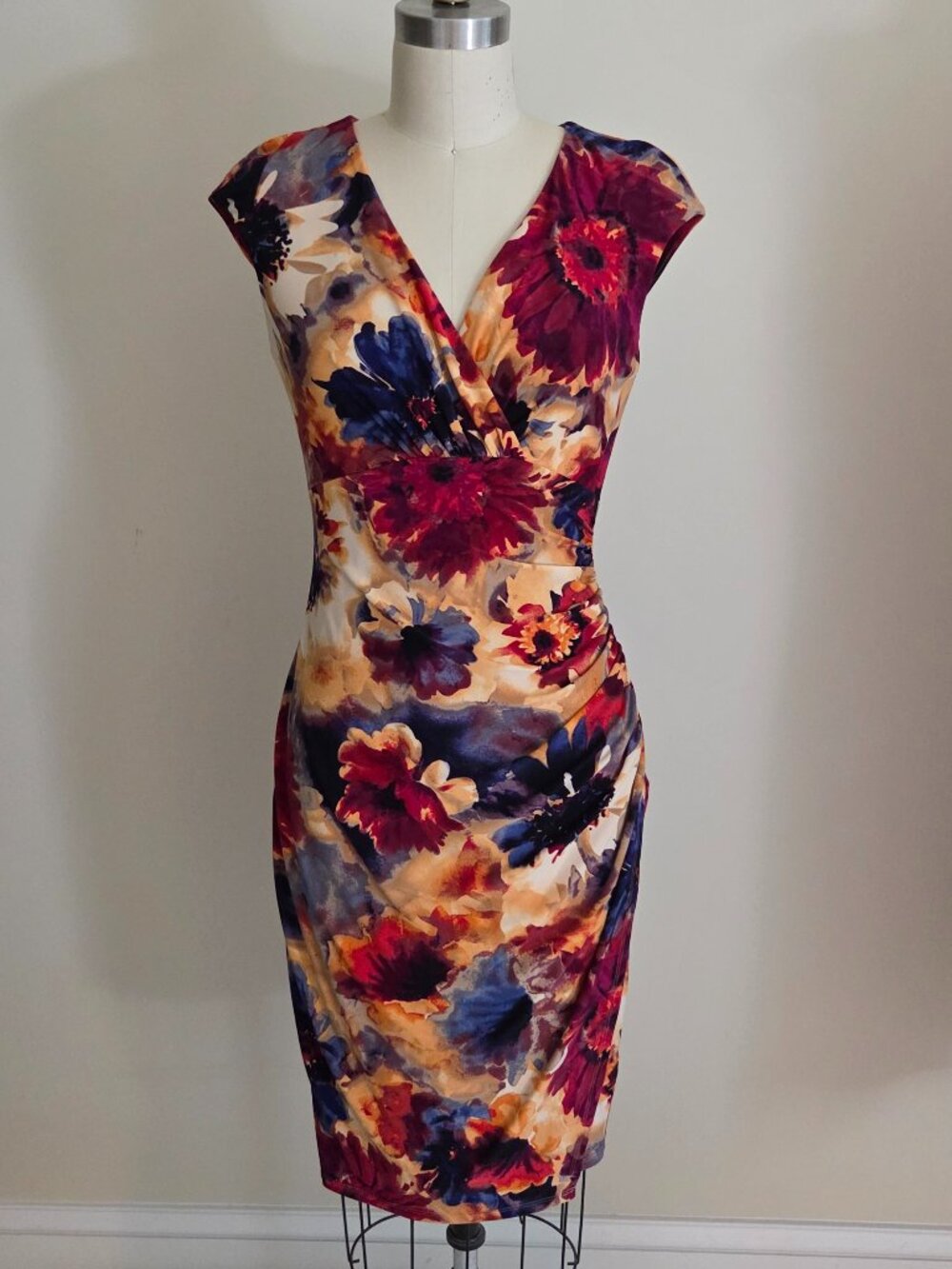Ralph Lauren Burgundy Gold Navy Faux Wrap Midi Dress